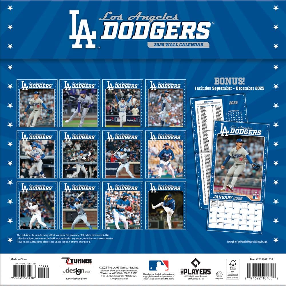 MLB Los Angeles Dodgers 2026 Wall Calendar First Alternate Image