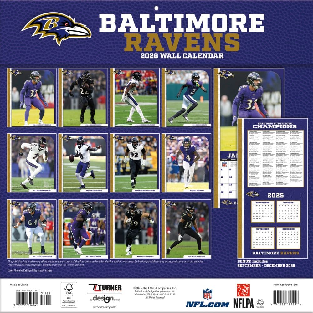 NFL Baltimore Ravens 2026 Wall Calendar First Alternate Image