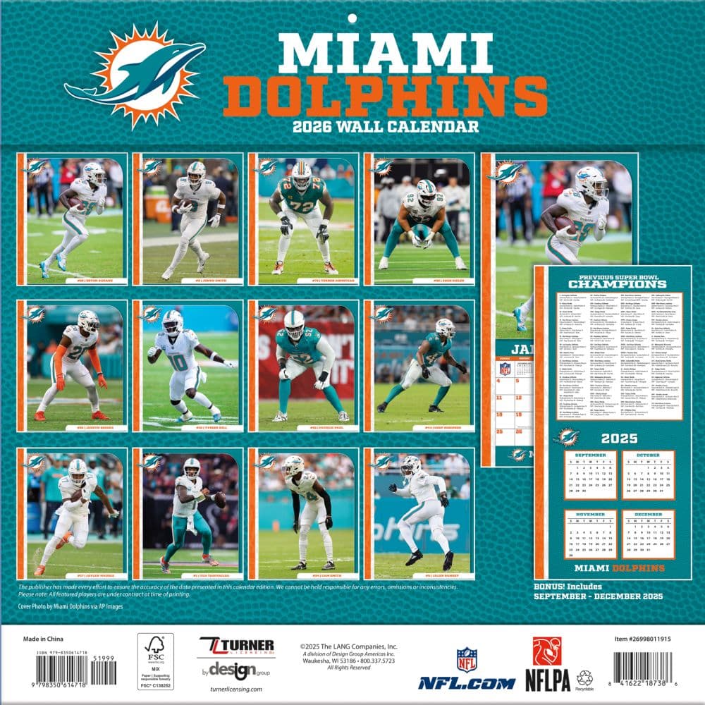 NFL Miami Dolphins 2026 Wall Calendar First Alternate Image