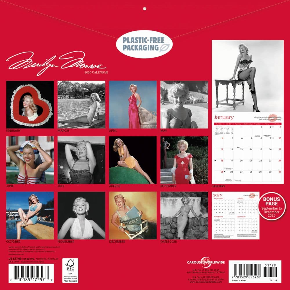 Marilyn Monroe Black and White 2026 Wall Calendar First Alternate Image