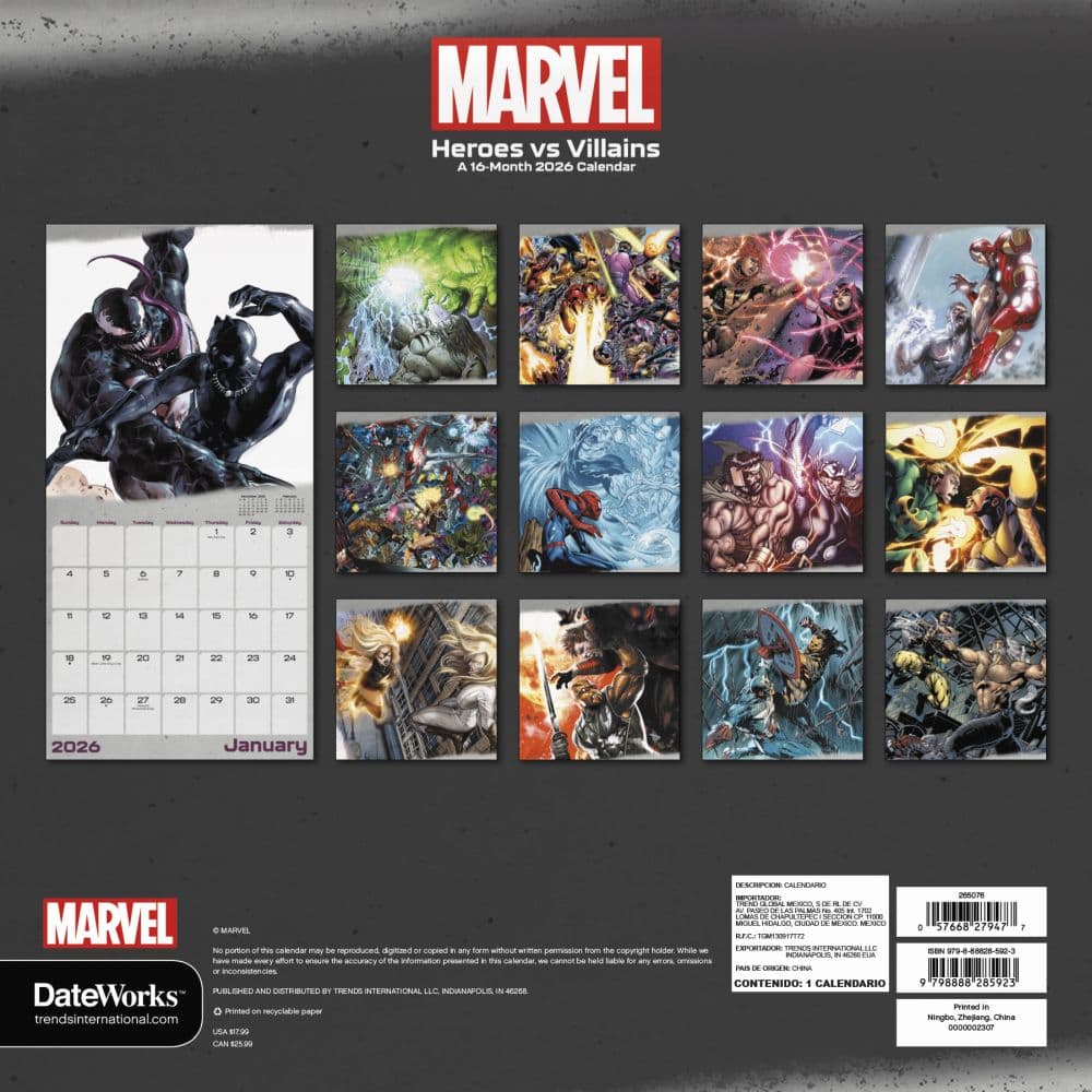 Marvel Heroes vs Villains 2026 Wall Calendar First Alternate Image