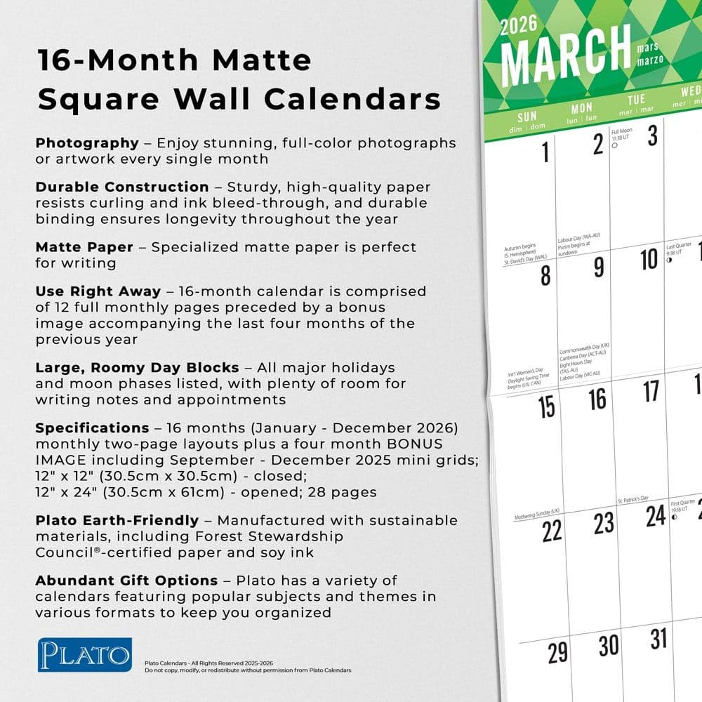 Jumbo Grid Large Print Plato 2026 Wall Calendar Fifth Alternate Image