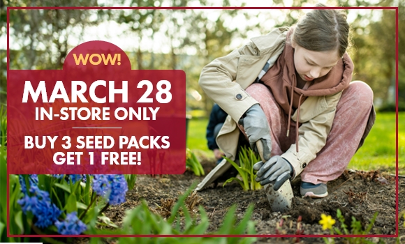 March 28th only - Buy 3 seed packs, get 1 free - in-store only.