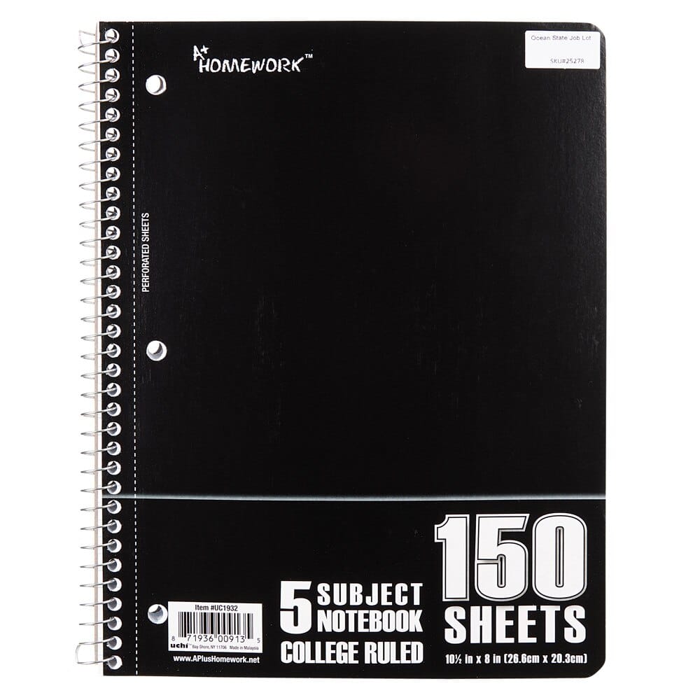 5 Subject College Ruled Spiral Notebook, 150 Sheets