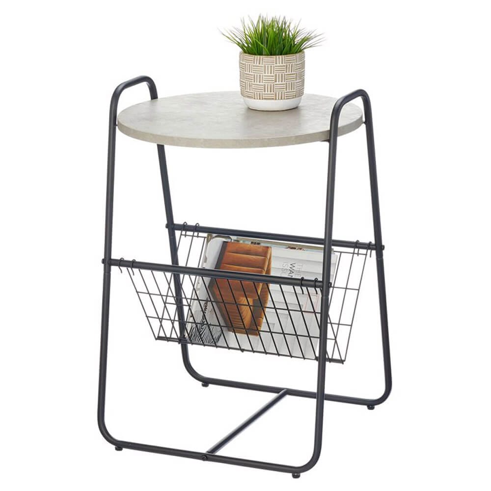 mDesign Industrial Round Side Table with Wire Storage Basket, Black/Cement Gray
