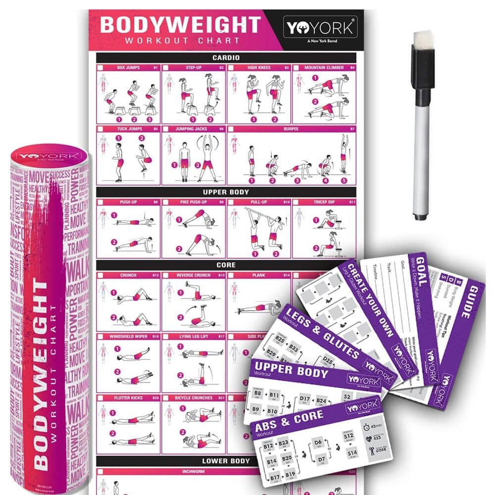 YoYork Laminated Home Bodyweight Exercise Chart with 10 Workout Cards