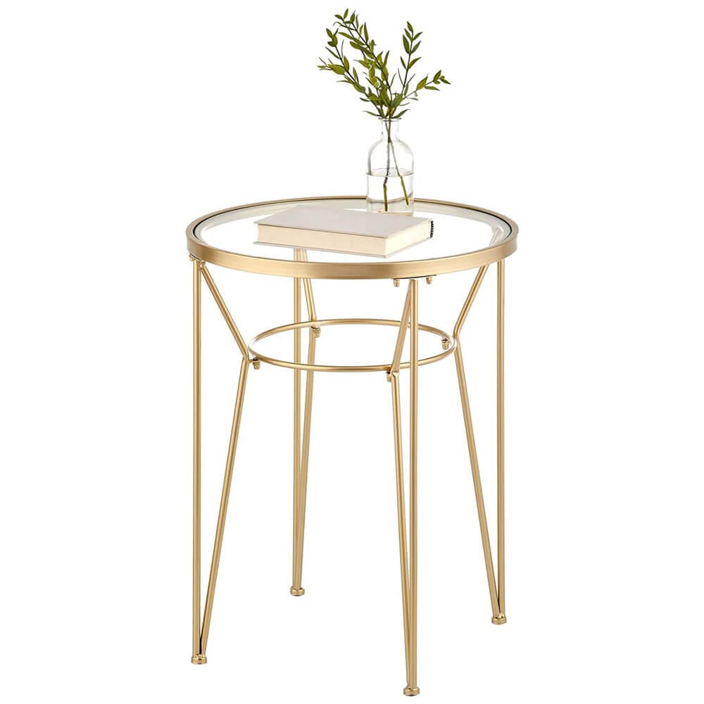mDesign Round Metal Accent Table with Hairpin Legs, Set of 2, Soft Brass/Clear