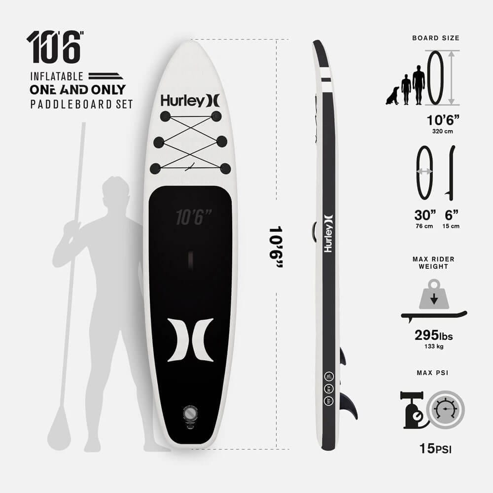 Hurley One and Only 10'6" Inflatable Stand Up Paddle Board Kit, White/Black