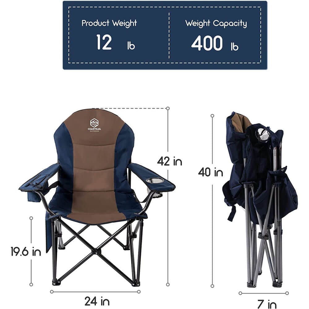 Coastrail Outdoor Oversized Camping Chair with Cooler Bag & Cup Holder, Blue/Brown
