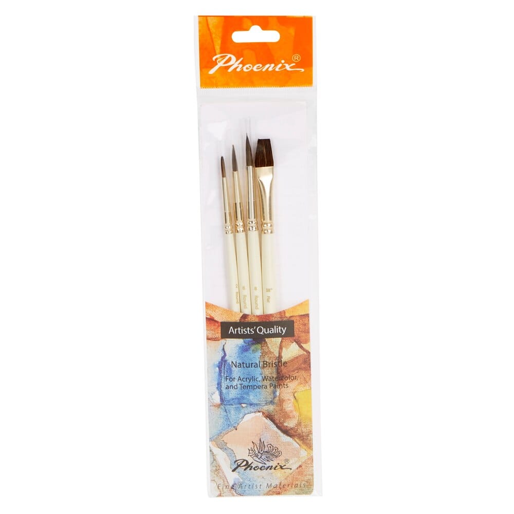Phoenix Artists' Quality Natural Bristle Brushes, 4 Count