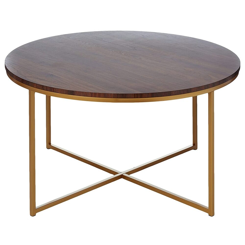 Walker Edison Cora Modern Round Faux Marble Top Coffee Table, Walnut/Gold