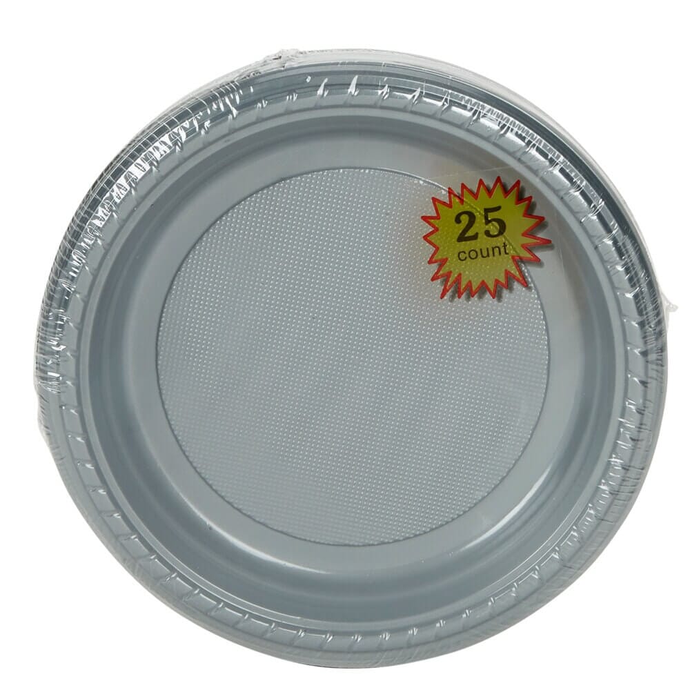 Silver 7" Round Plastic Plates, 25-Count