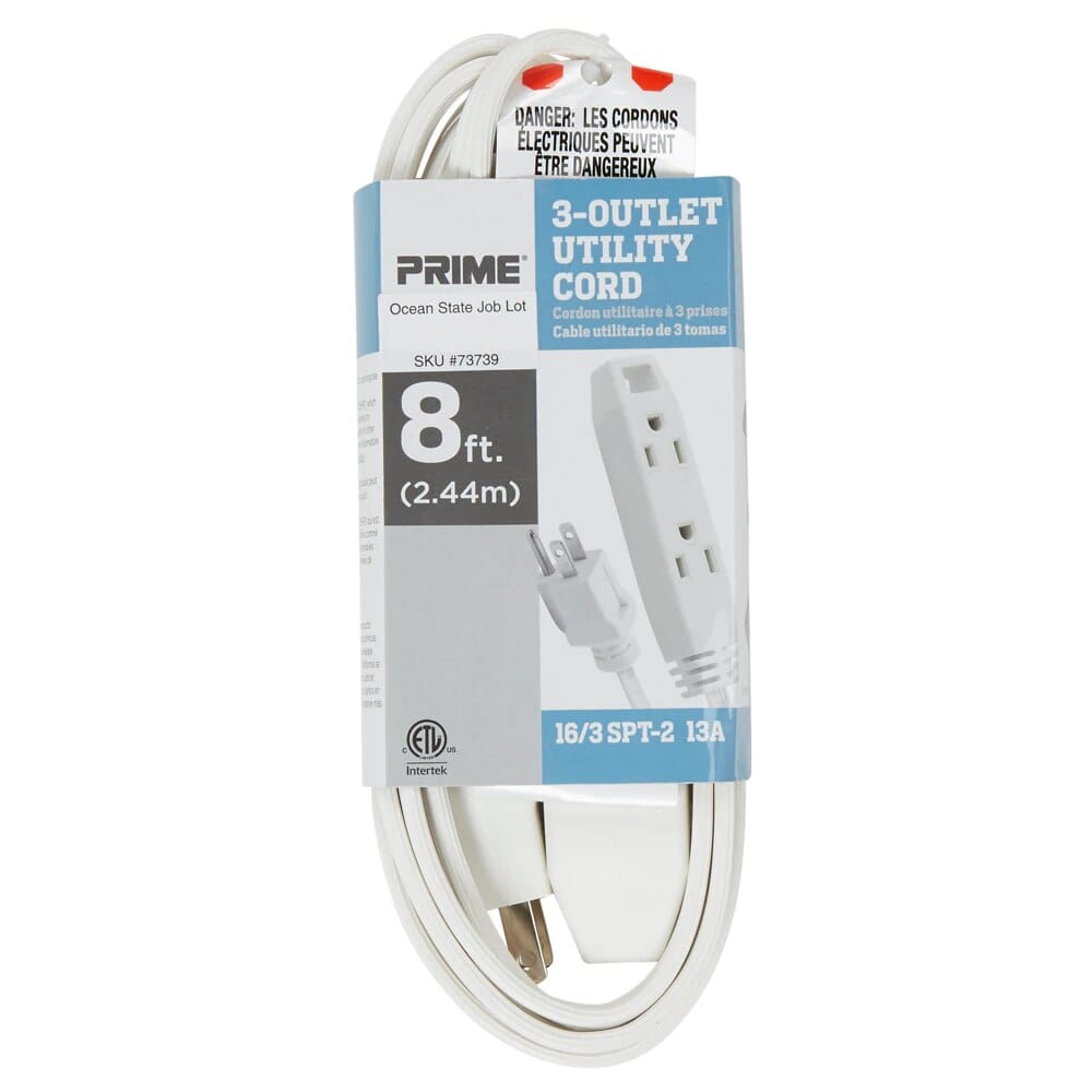 Prime 3 Outlet Utility Extension Cord, 8'