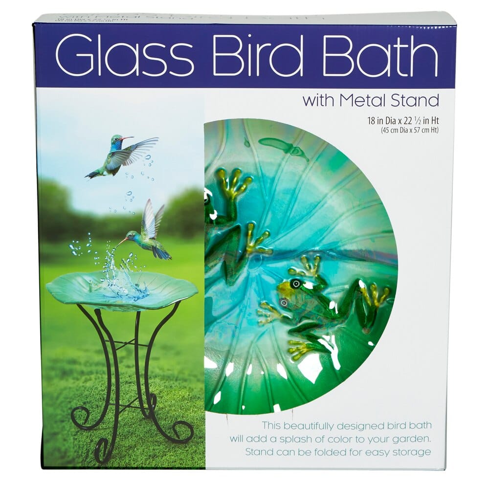 Glass Bird Bath with Metal Stand, 18"