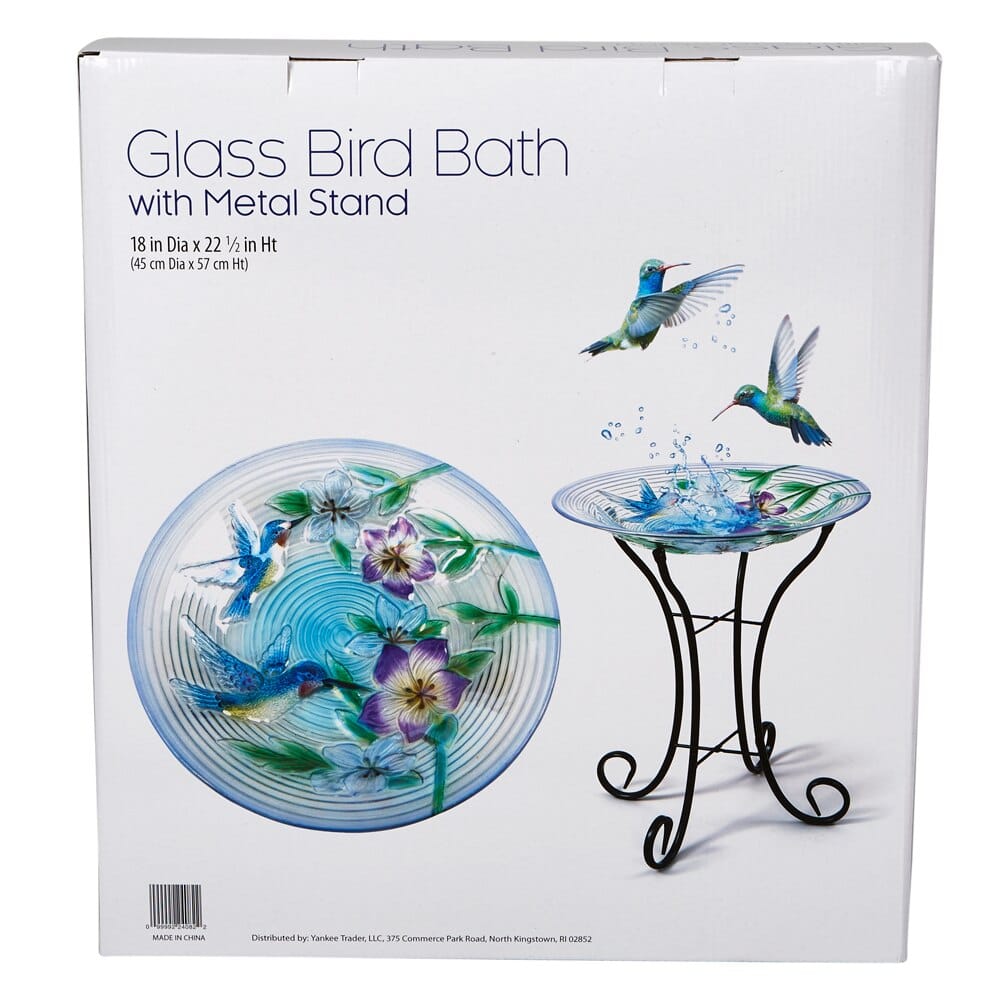 Hummingbird Glass Bird Bath with Metal Stand, 18"