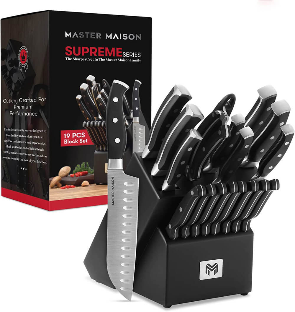Master Maison 19-Piece Kitchen Knife Set with Wooden Kitchen Knife Block, Black