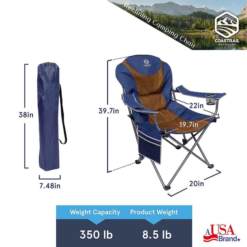 Coastrail Outdoor 3-Position Reclining Camp Chair with Cup Holders, Blue/Brown