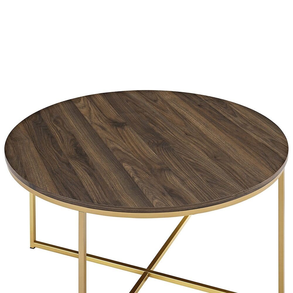 Walker Edison Cora Modern Round Faux Marble Top Coffee Table, Walnut/Gold