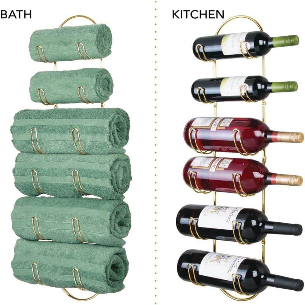 mDesign Wall-Mounted Towel Rack with 6 Compartments, Set of 2, Soft Brass