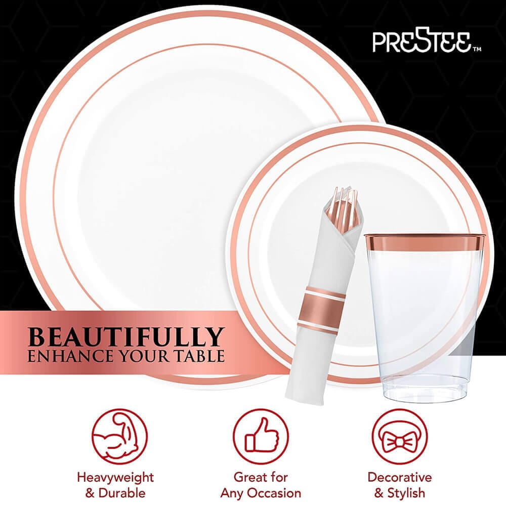 Prestee 350-Piece Dinnerware Party Set for 50 Guests, Rose Gold