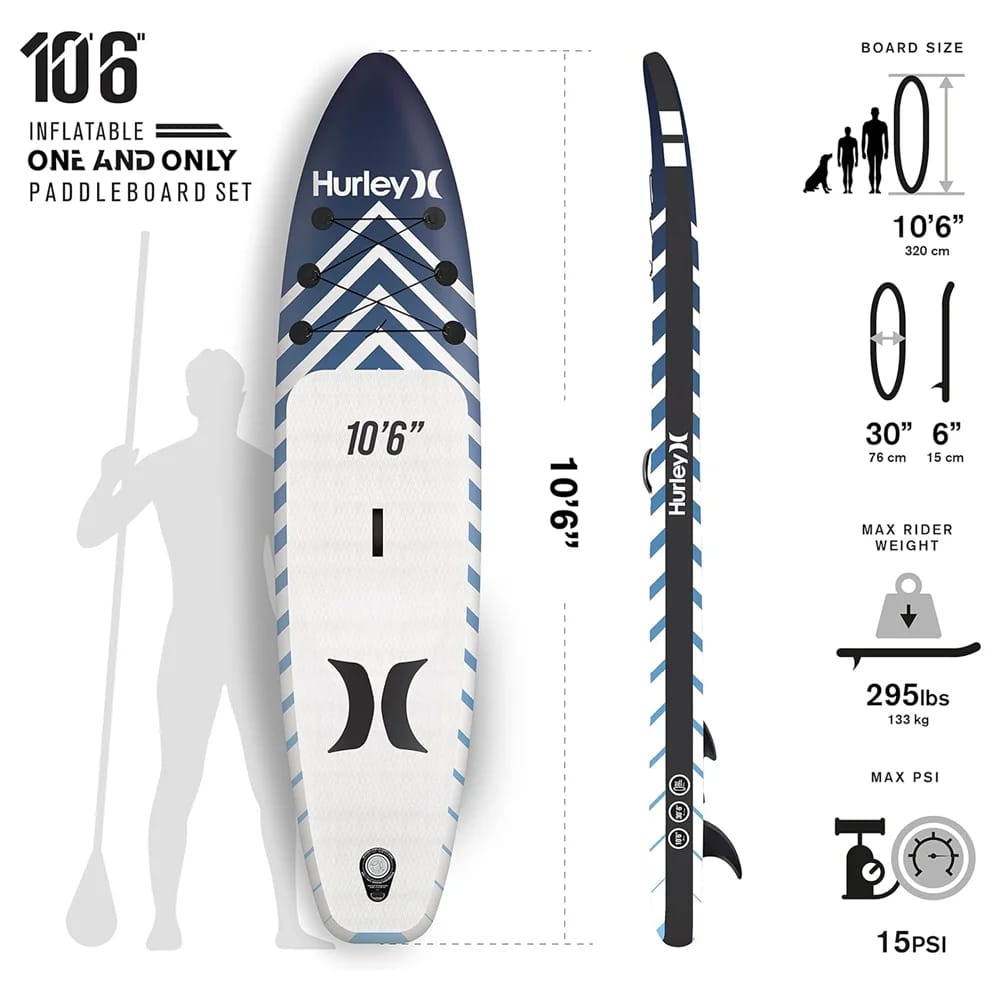 Hurley One & Only 10'6" Inflatable Stand Up Paddle Board Kit, Signal Blue/White