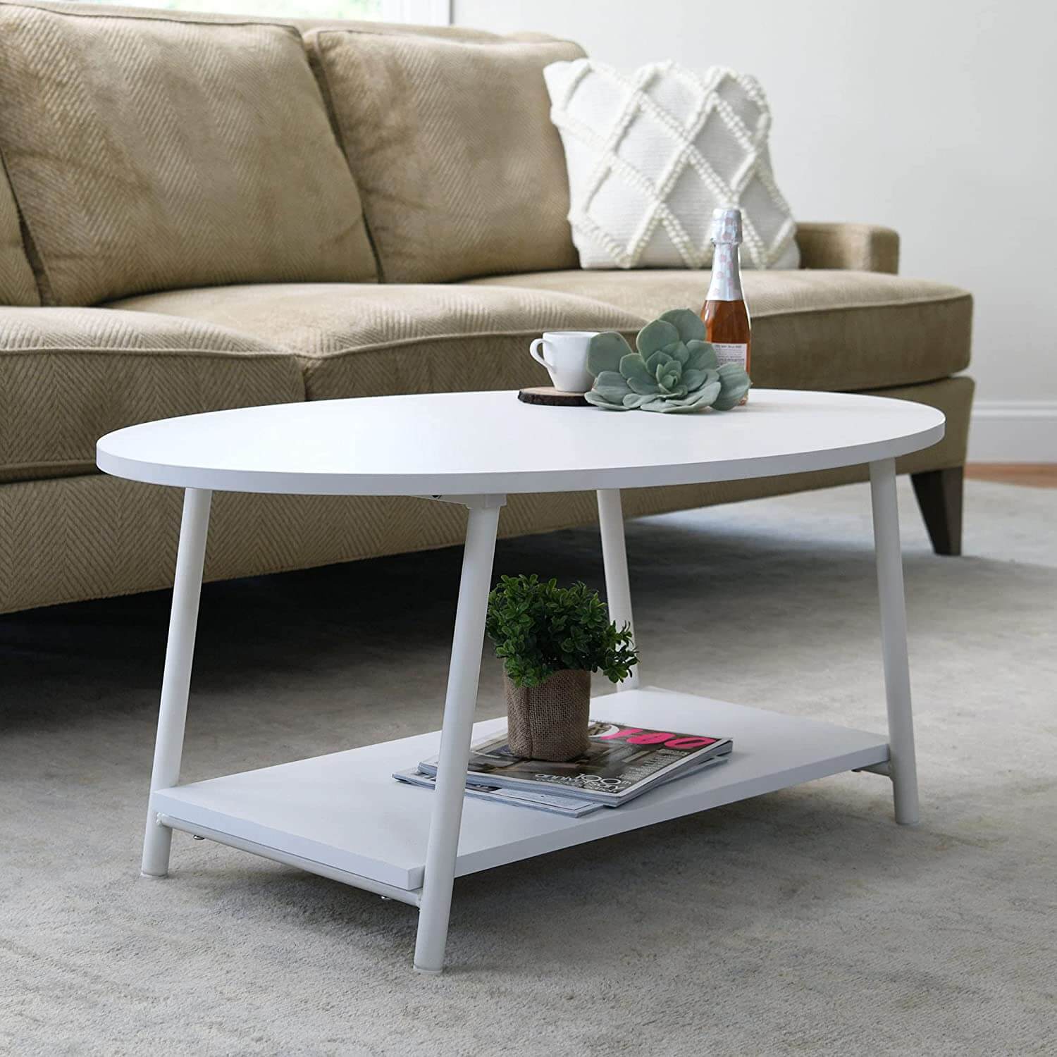 Household Essentials Jamestown Collection Oval 2-Tier Coffee Table with Shelf, Scandinavian White