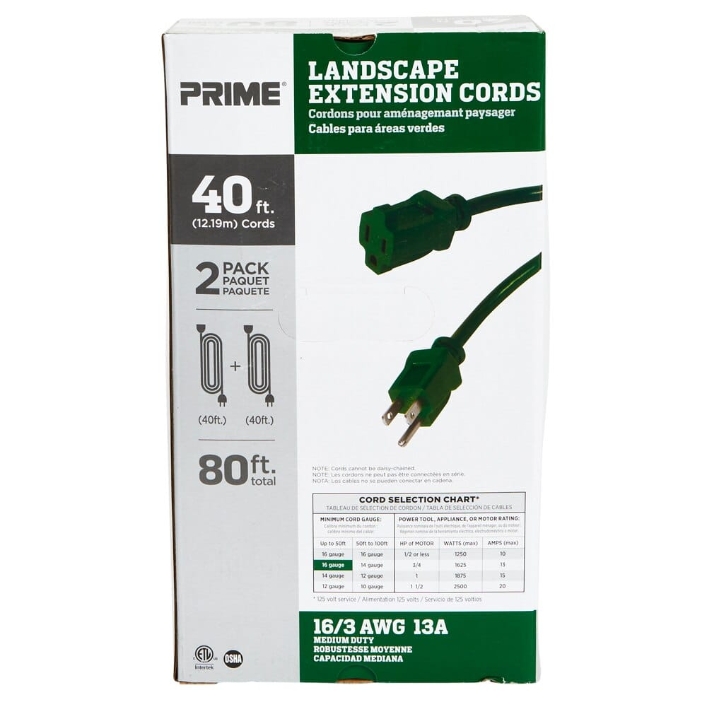Prime 40 16/3 Medium Duty Landscape Extension Cord, Green, 2-pk