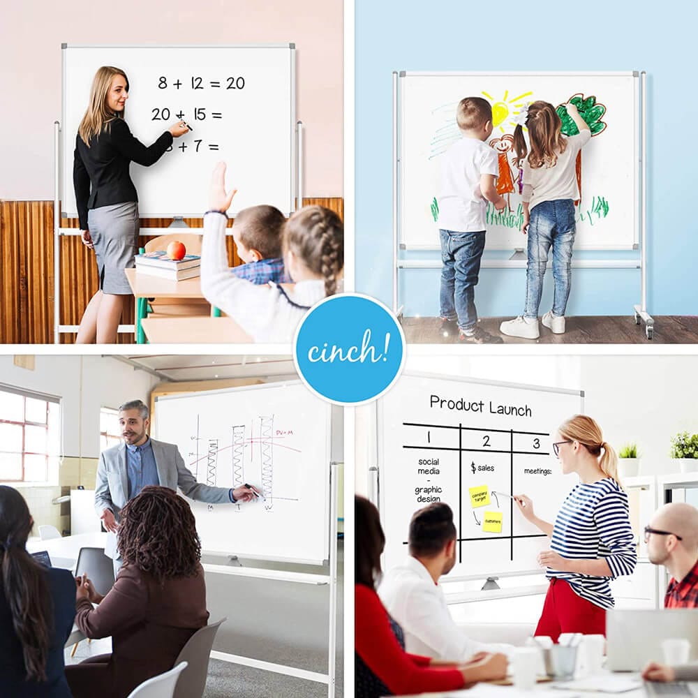 Cinch! Large Mobile Rolling Whiteboard on Wheels, 48" x 36", White