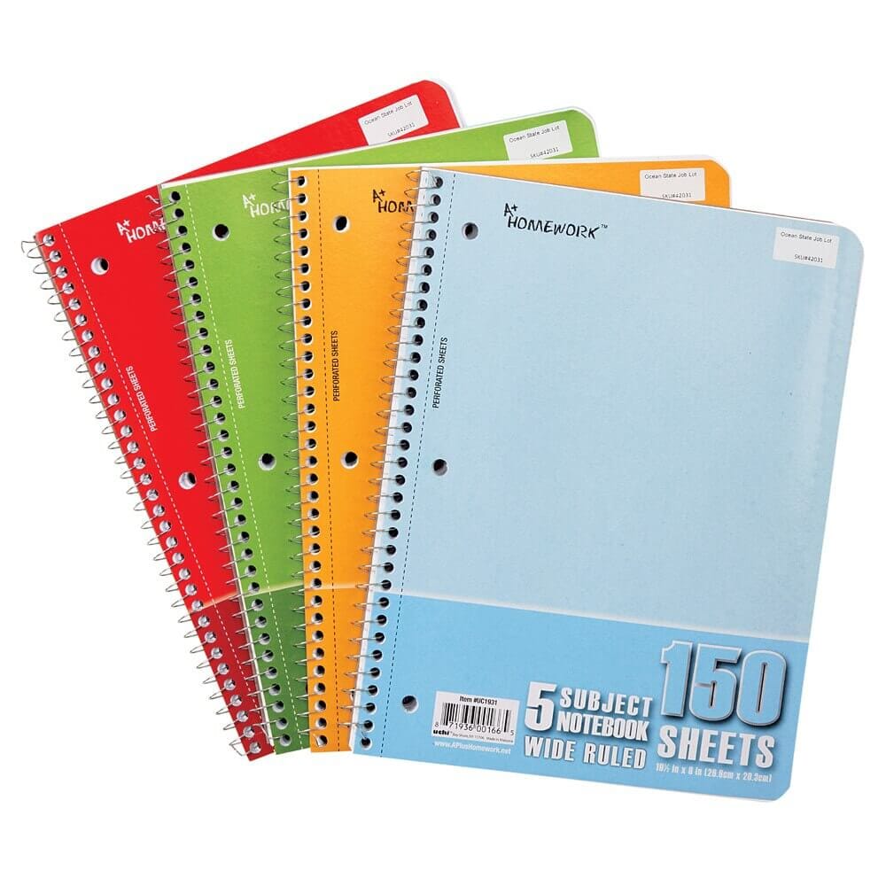5 Subject Wide Ruled Spiral Notebook, 180 Sheets