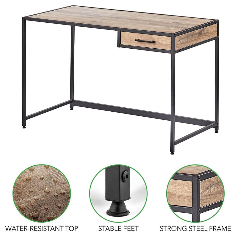 mDesign Metal & Wood Home Office Desk with Right-Hand Drawer, Black/Gray Wash
