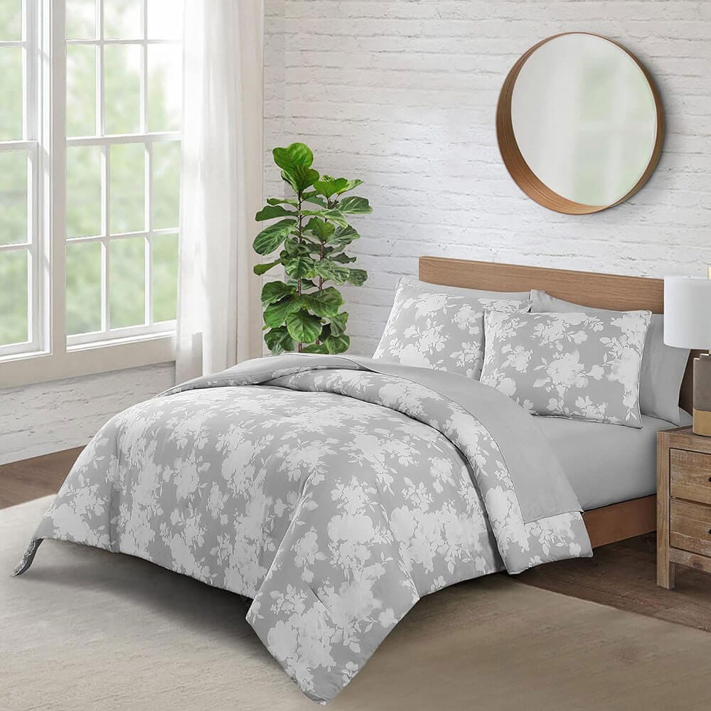WellBeing by Sunham Luxurious Blend 3-Piece Floral Printed Comforter Set, King, Gray