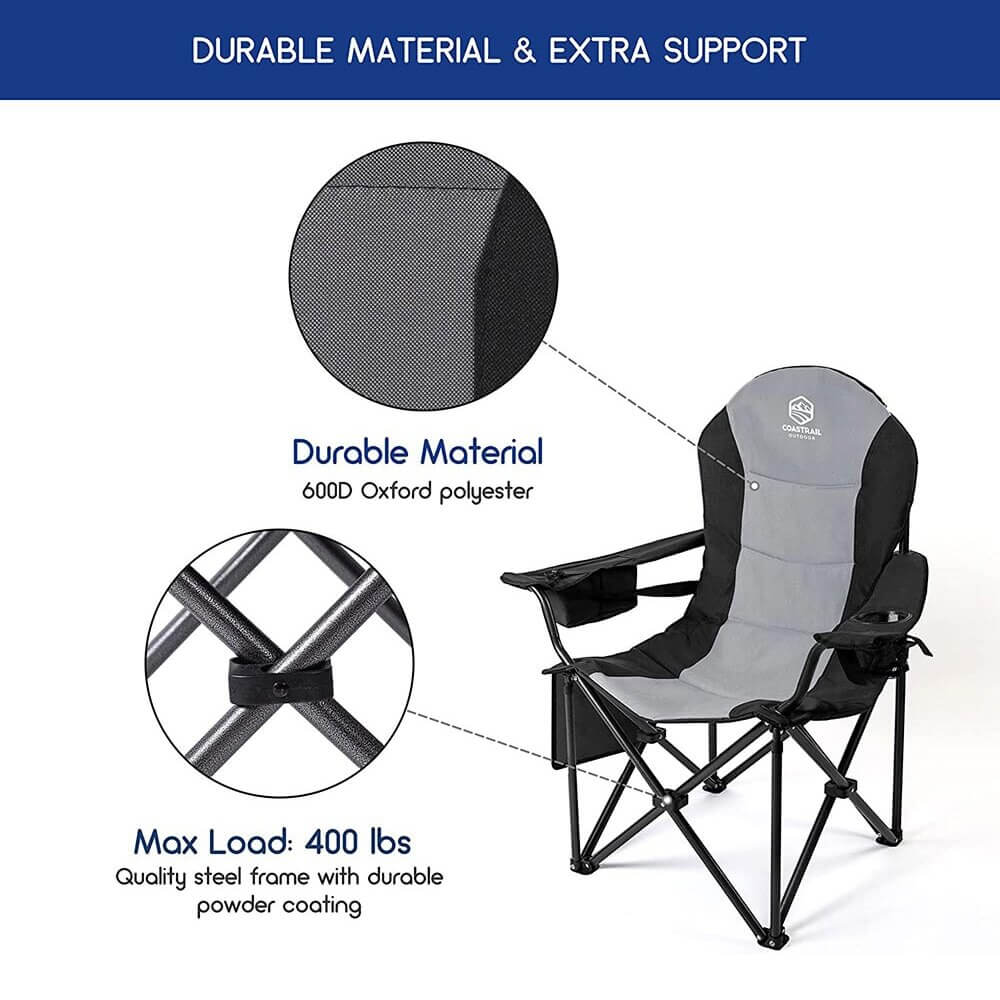 Coastrail Outdoor Oversized Camping Chair with Cooler Bag & Cup Holder, Black/Gray