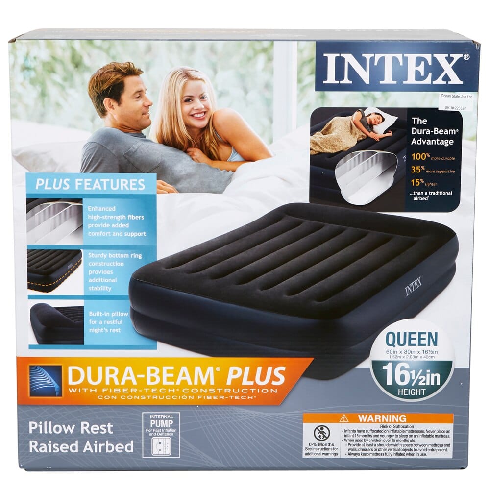 Intex Queen Dura-Beam Pillow Rest Raised Air Mattress with Internal Pump