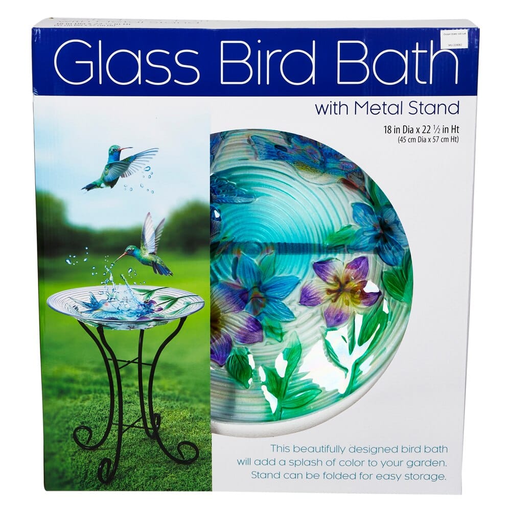 Hummingbird Glass Bird Bath with Metal Stand, 18"