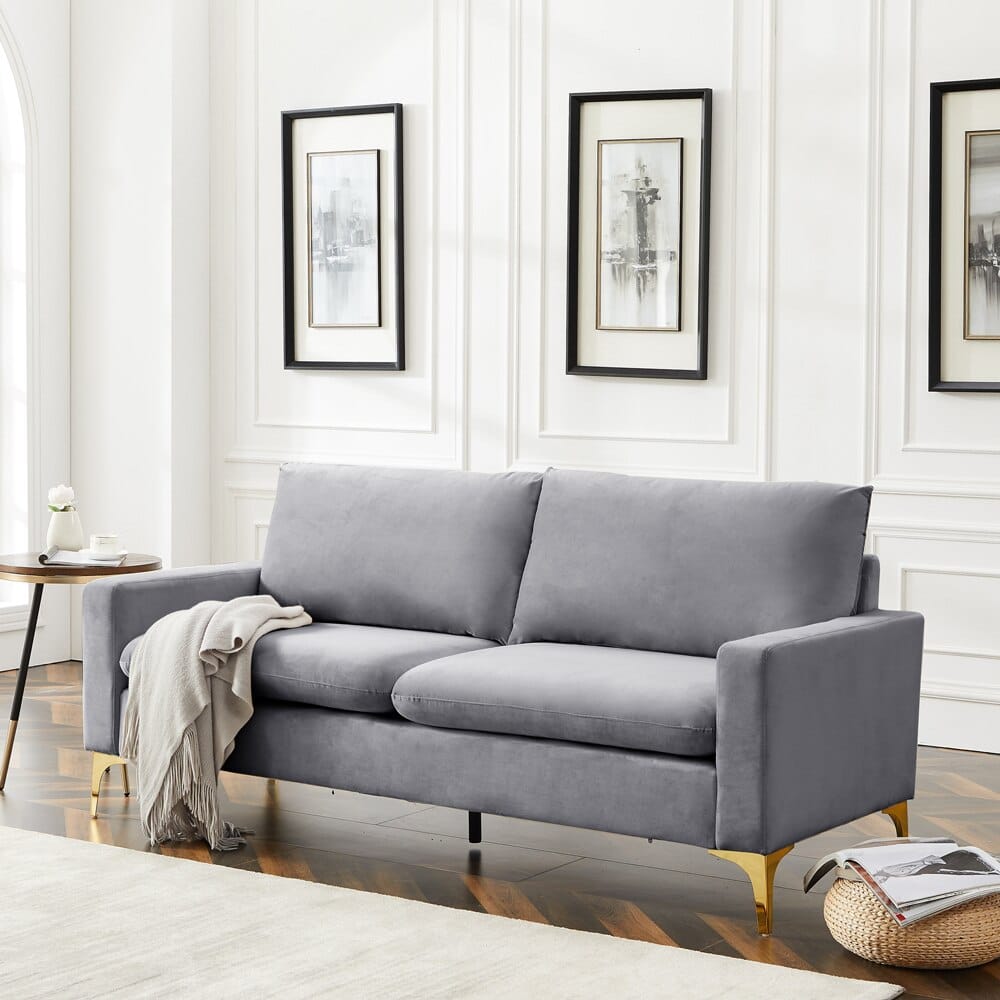 Modern Velvet Square Arm Sofa, Gray