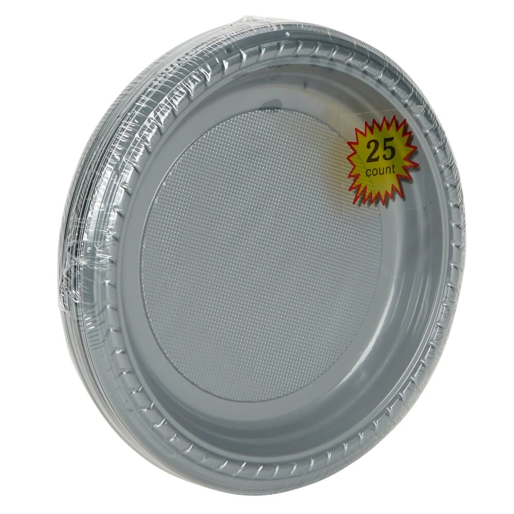 Silver 7" Round Plastic Plates, 25-Count