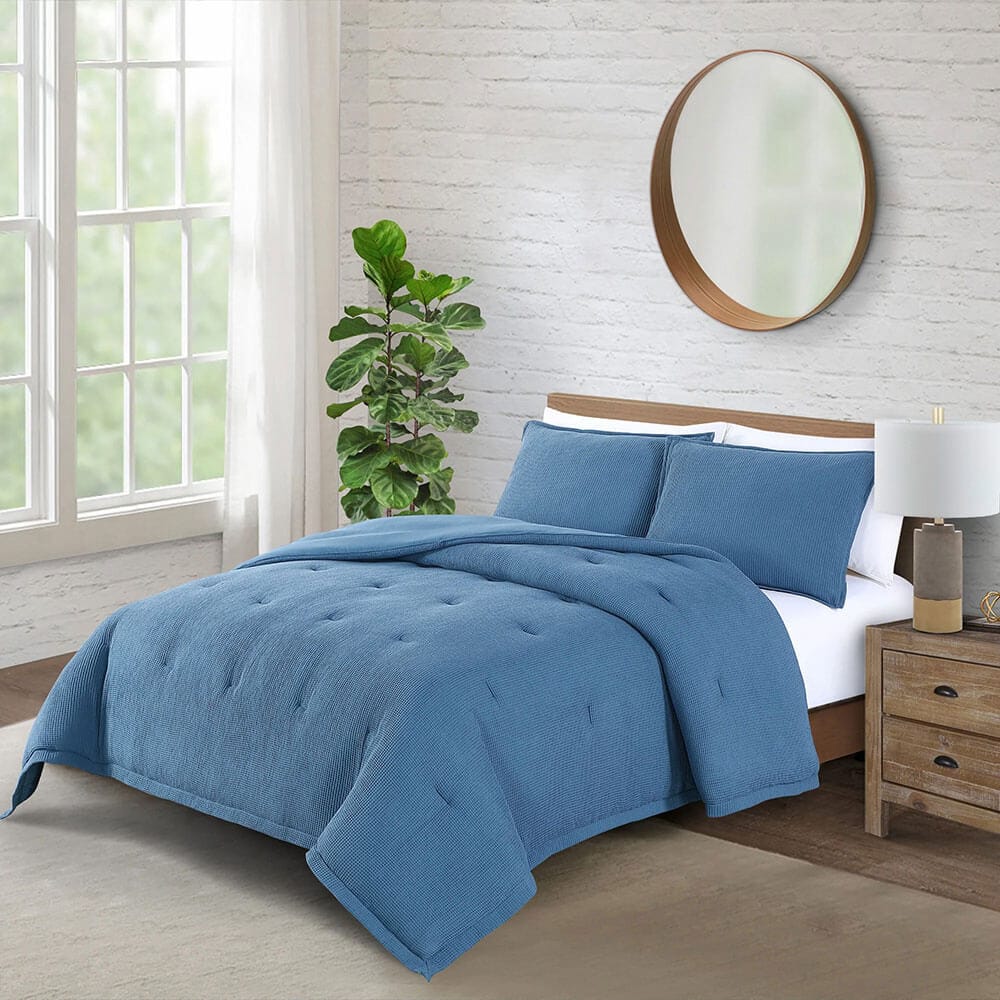WellBeing by Sunham Waffle Weave 3-Piece Comforter Set, Full/Queen, Chambray