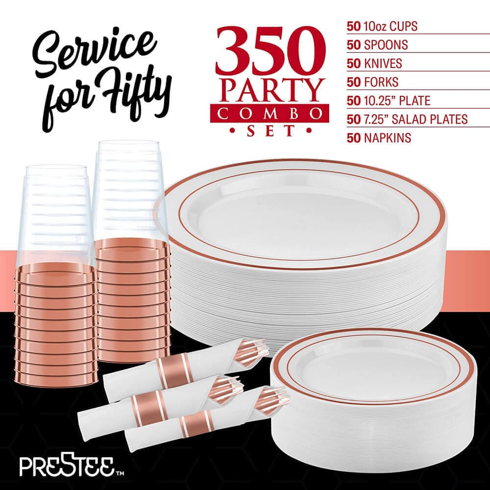 Prestee 350-Piece Dinnerware Party Set for 50 Guests, Rose Gold