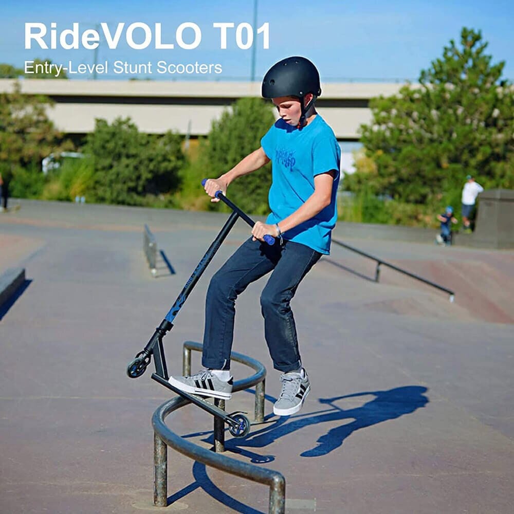 RideVOLO Pro Stunt Scooter with Ultra Wide Aluminum Deck, Blue/Black