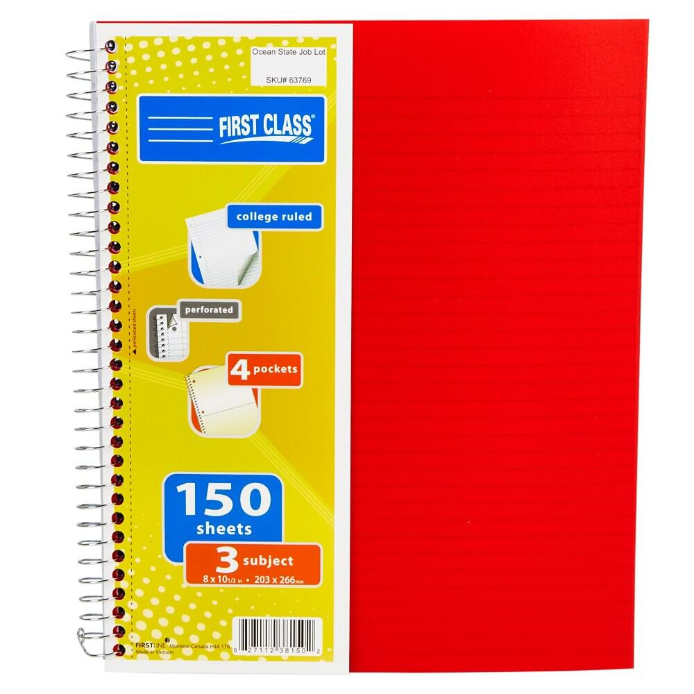First Class 3 Subject College Ruled Spiral Notebook, 150 Sheets