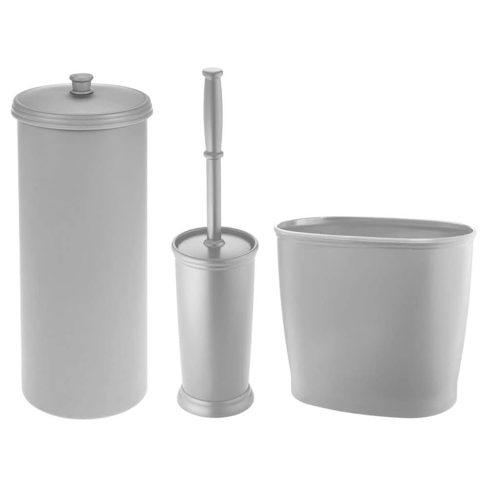 mDesign Plastic Bathroom Storage & Cleaning Accessory Set with Bowl Brush, 3-Roll Canister with Lid & Waste Basket, Gray