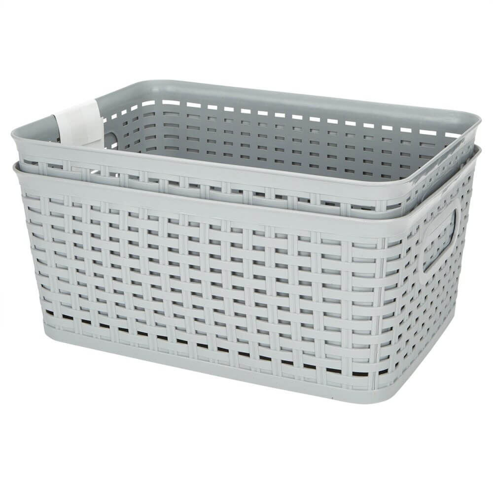Large Plastic Gray Storage Baskets with Handles, 2-Count