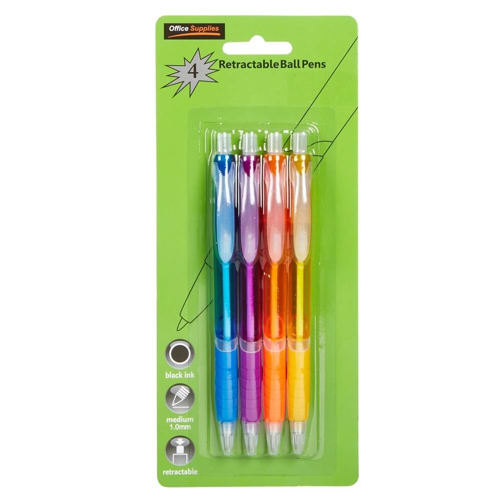 Office Supplies Retractable Ball Pens, 4-Count