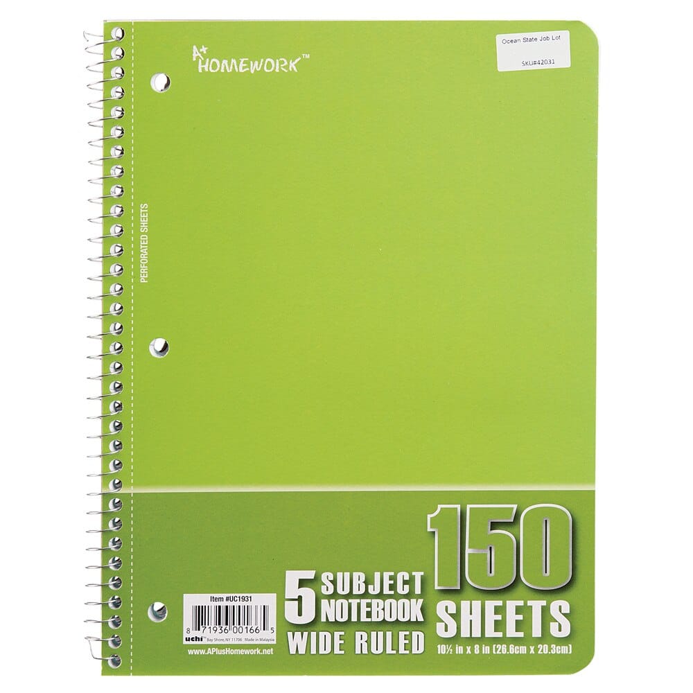 5 Subject Wide Ruled Spiral Notebook, 180 Sheets