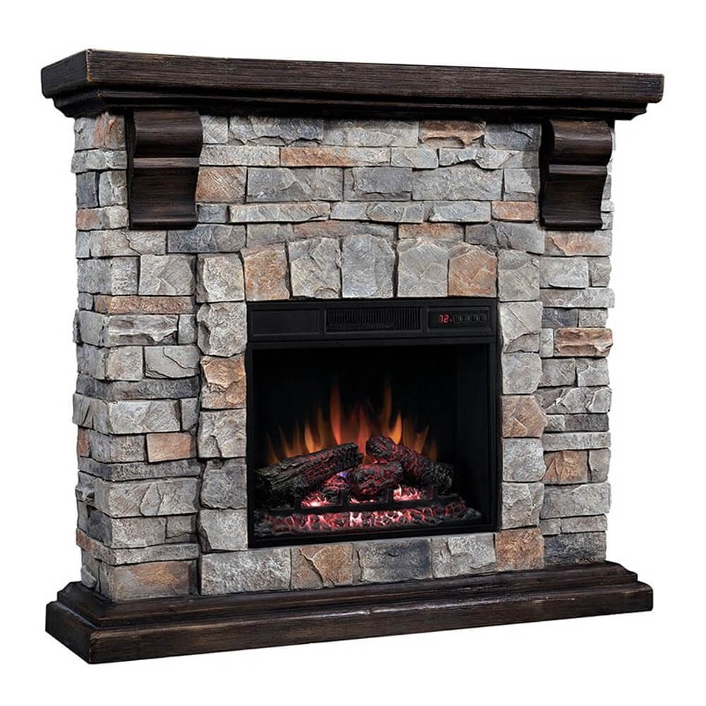 Twin Star Home Cast Stone Electric Fireplace Heater, Brushed Dark Pine