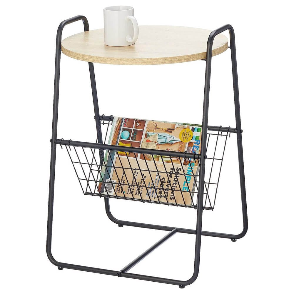 mDesign Industrial Round Side Table with Wire Storage Basket, Black/Natural