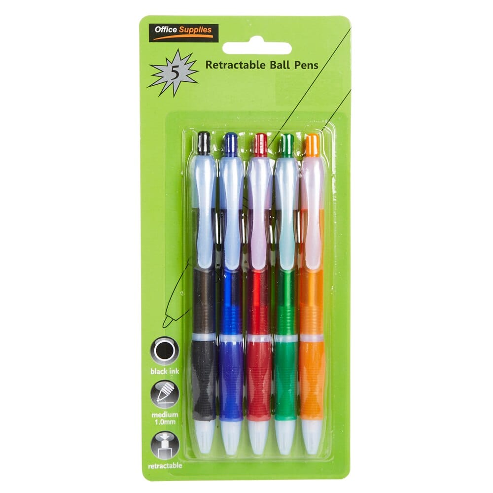 Office Supplies Retractable Ball Pens, 5-Count