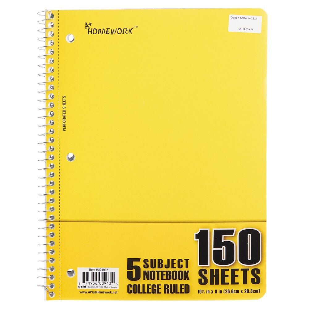 5 Subject College Ruled Spiral Notebook, 150 Sheets