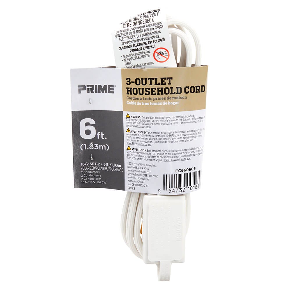 Prime 3 Outlet Household Extension Cord, 6'