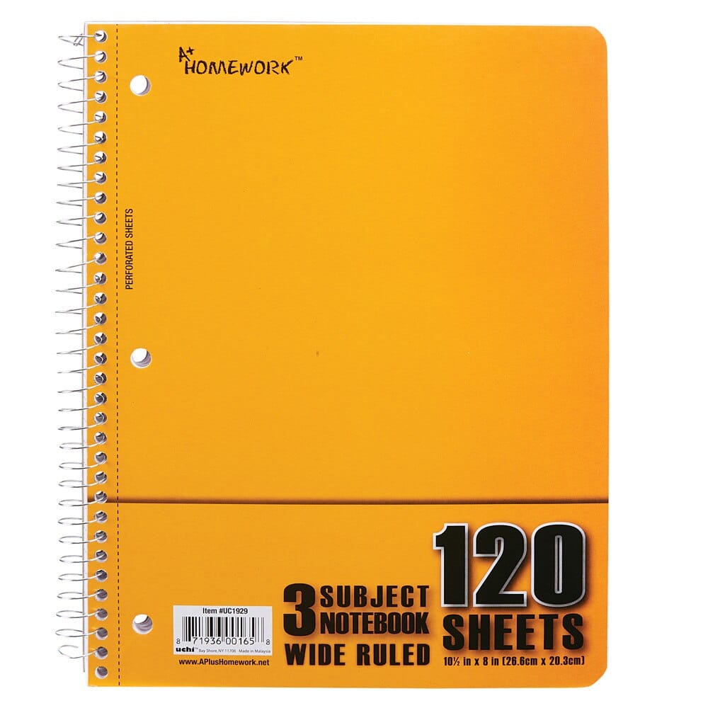 3 Subject College Ruled Spiral Notebook, 120 Sheets